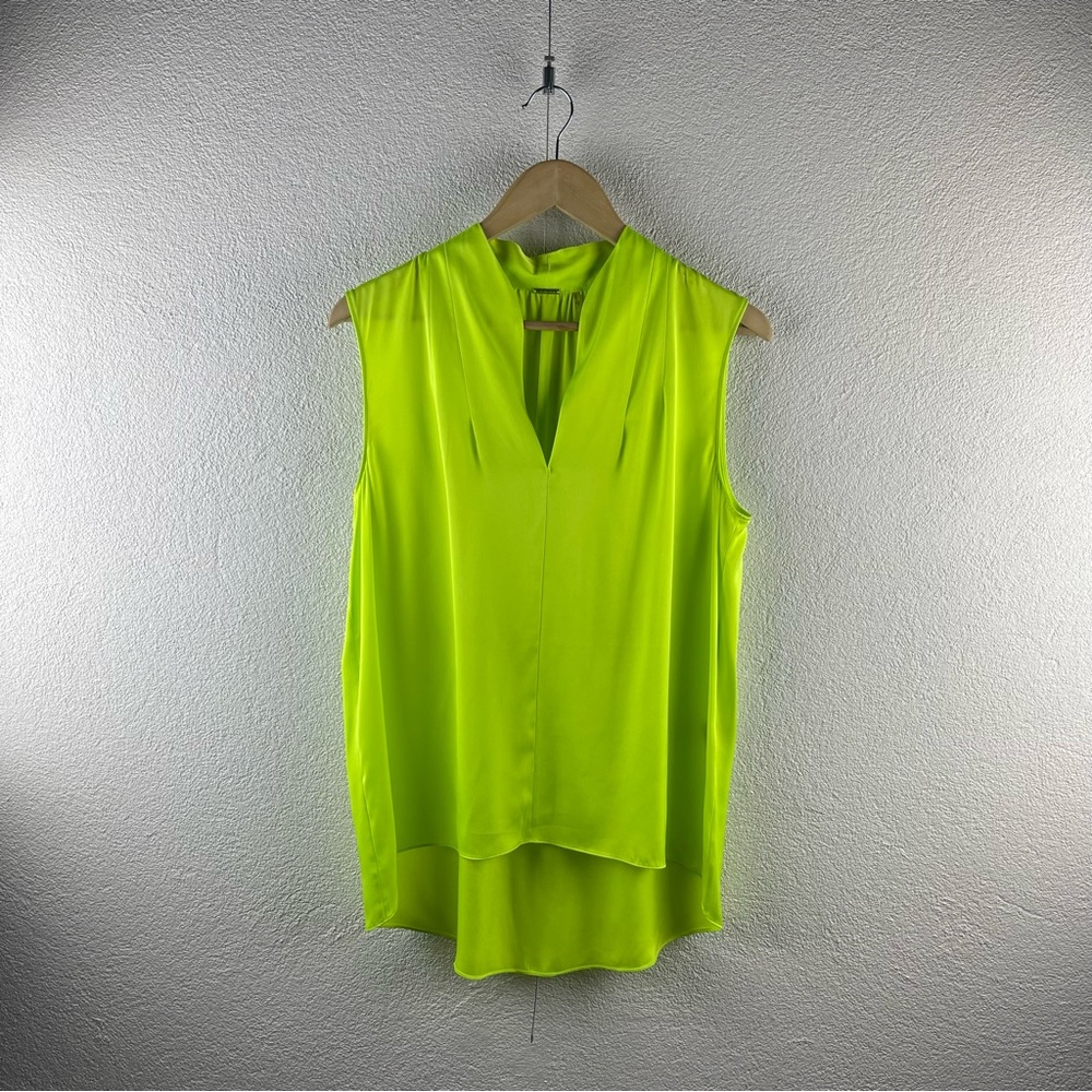 Elie Tahari l L Designer Silk Satin Gathered V-Neck High Low Career Shell Blouse